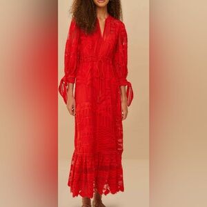 NWT! FARM Rio Red Morada Boa Guipure Maxi Dress